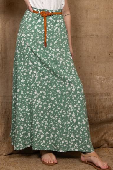 Annick - Serafina Long Maxi Skirt Flower Print Belt Included Green