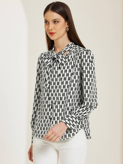 Allegra K- Print Tie Neck Lantern Long Sleeve Blouse