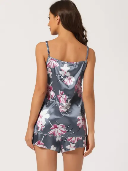 cheibear - Satin Pajama Summer Floral Camisole with Shorts