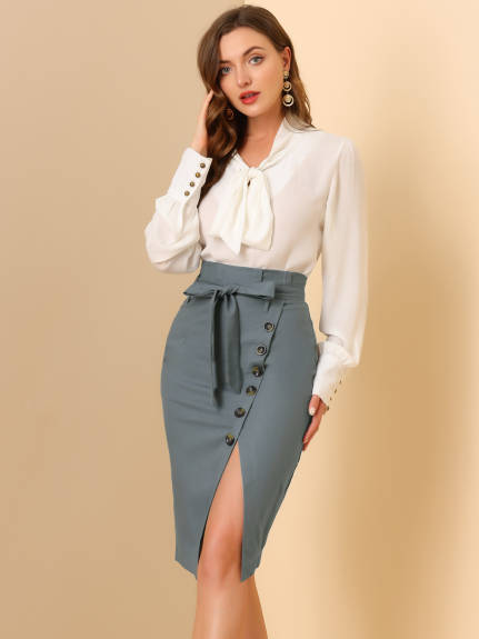 Allegra K - Button Decor Split Belted Pencil Skirt