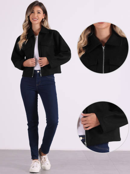 Allegra K - Lapel Collar Zipper Cropped Coat