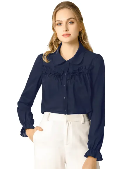 Allegra K- Ruffle Peter Pan Collar Shirt