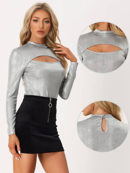 Allegra K- Glitter Mock Neck Long Sleeve Cutout Top