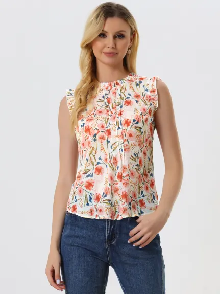 Allegra K- Ruffled Mandarin Collar Sleeveless Pleated Blouse