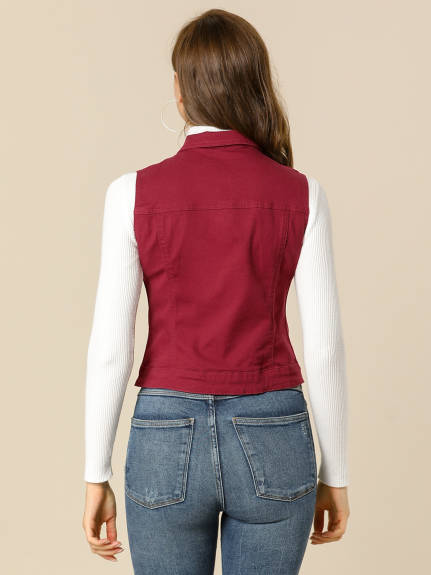 Allegra K- Washed Denim Buttoned Vest with Flap Pockets