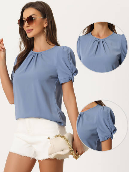 Allegra K- Puff Sleeve Round Pleated Neck Top