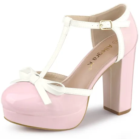 Allegra K - Platform Bow T Strap Block Heel Pump