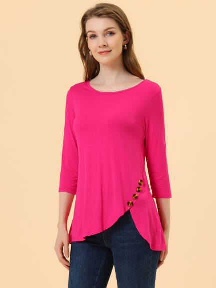 Allegra K- 3/4 Sleeve Tunic Asymmetry Button Top