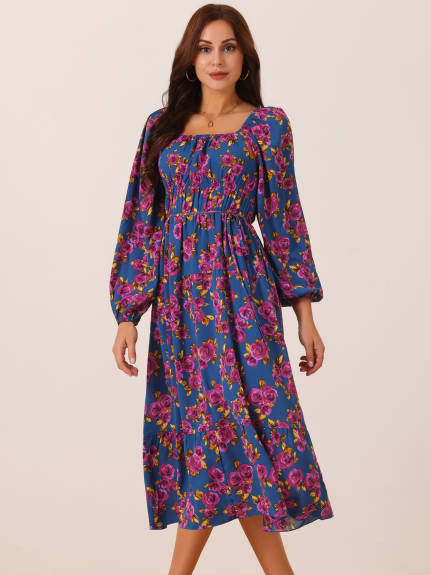 Allegra K - Long Sleeve Flowy Vacation Floral Dress