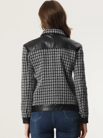 Allegra K - Vintage Leather Stitching Plaid Tweed Jacket