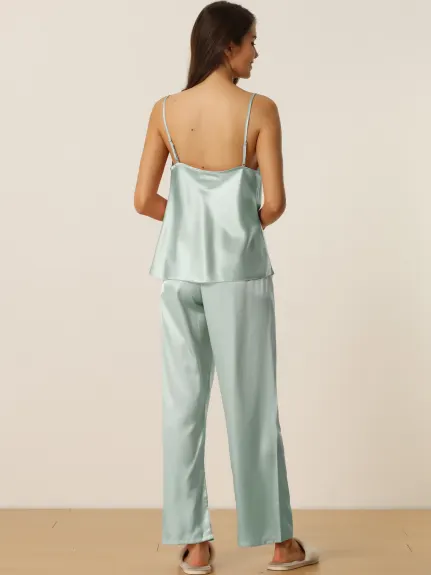 cheibear - Cowl Neck Cami Top with Pants Satin PJs Set