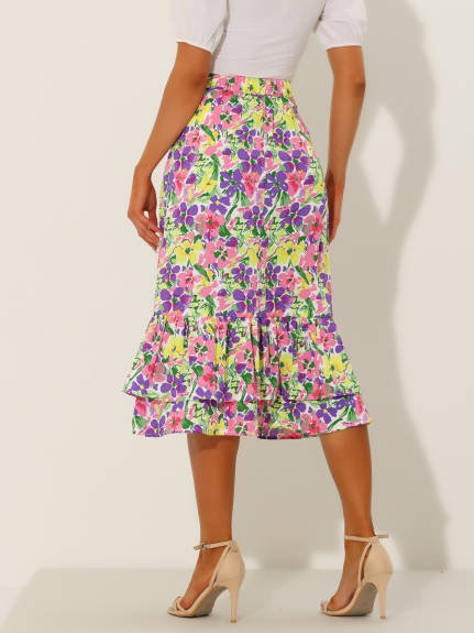 Allegra K- Zipper Printed Chiffon Ruffle Tiered Midi Skirt