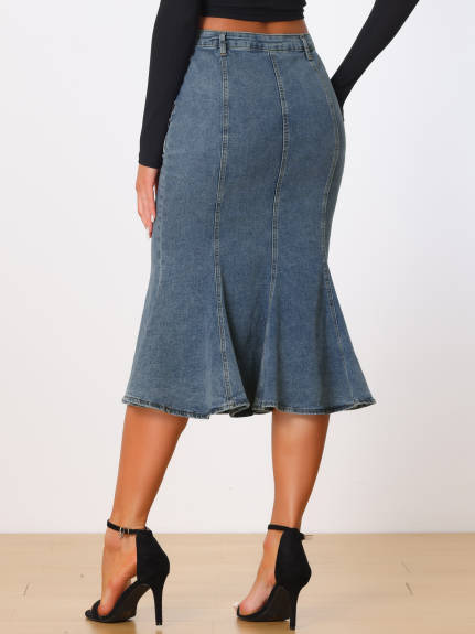 Allegra K- Washed Denim Fishtail Midi Skirt