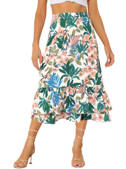 Allegra K- Printed Chiffon Ruffle Tiered Zipper Midi Skirt