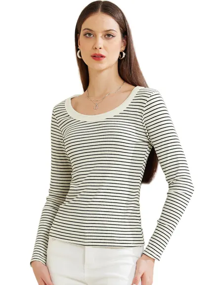 Allegra K - Stripe Scoop Neck Long Sleeve Casual Top