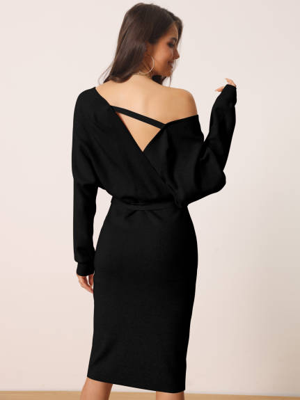 Allegra K - Deep Wrap V Neck Belted Sweater Dress