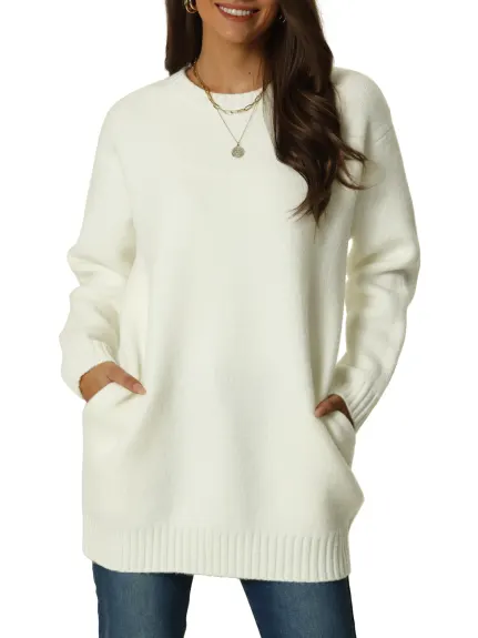 Allegra K- Round Neck Pullover Sweater with Pockets