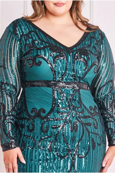 Goddiva - Sequin Mesh V Neck Midi Dress - Plus size