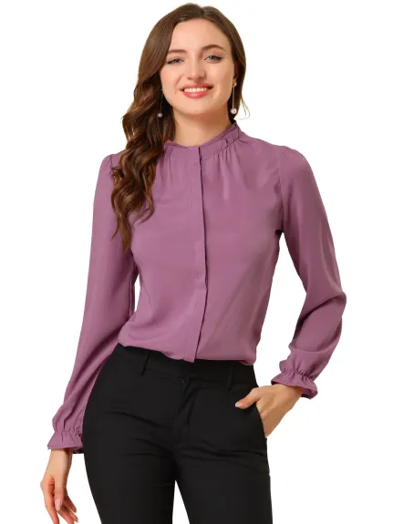 Allegra K- Ruffled Trim Stand Collar Long Sleeve Blouse