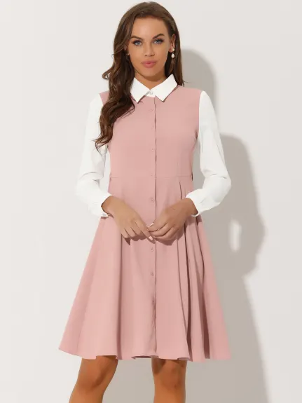 Allegra K- Button Front Dress Long Sleeve Contrast Collar Shirtdress