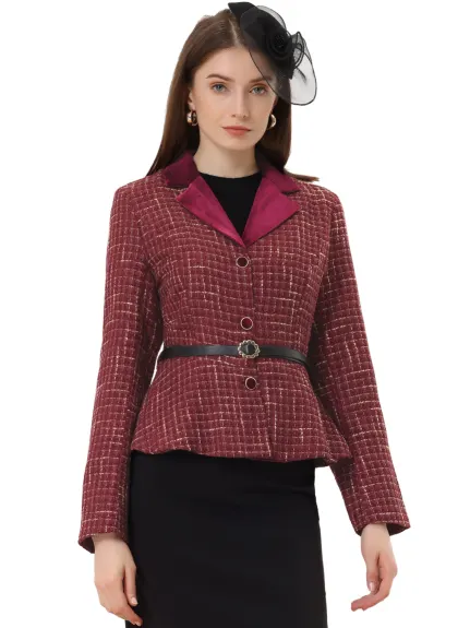 Allegra K- Vintage Tweed Plaid Notched Collar Blazer with Belt