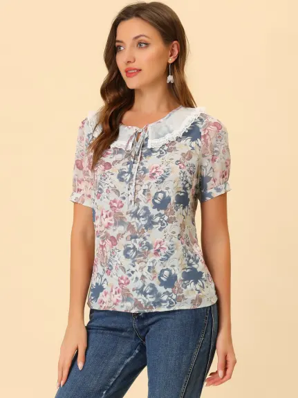 Allegra K - Lace Collar Tie Neck Summer Floral Chiffon Top