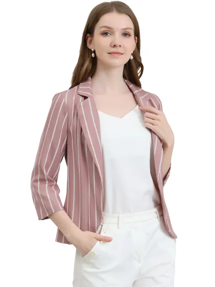 Allegra K- Casual Striped 3/4 Sleeves Open Front Notched Lapel Blazer