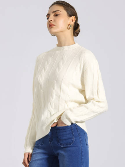 Allegra K - Long Sleeve Cable Knit Crewneck Sweater