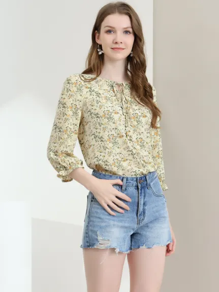 Allegra K- Tie V Neck Ruffled 3/4 Sleeve Floral Blouse