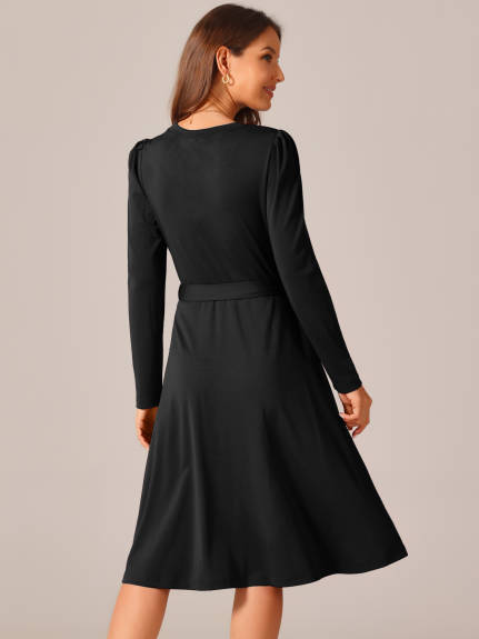 Allegra K - Puff Long Sleeve Tie Waist Casual Dress