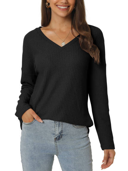 Allegra K- V Neck Waffle Knit Long Sleeve Slim Fit Top