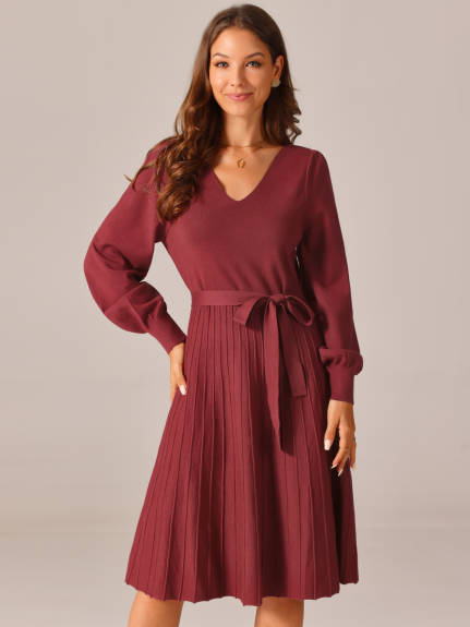 Allegra K - V-Neck Tie Waist Pleated Dress