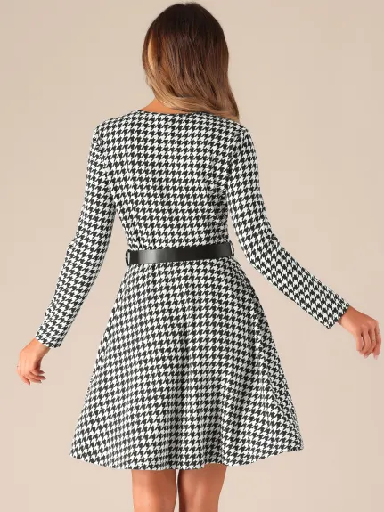 INSPIRE CHIC - Houndstooth Plaid Long Sleeve A-Line Dress