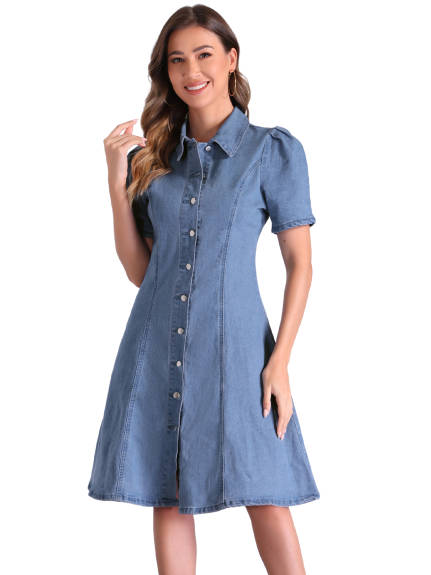 Allegra K - Puff Sleeve Button Down Collared Denim Dress