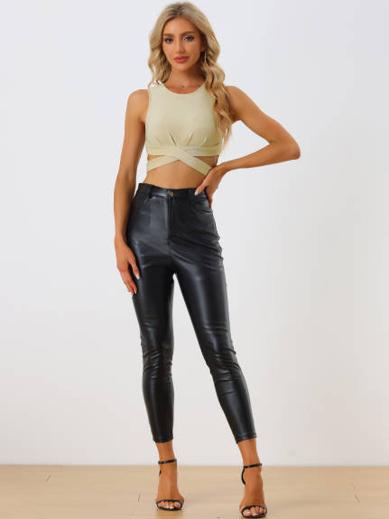 Allegra K- Glitter Sleeveless Round Neck Criss Cross Crop Top