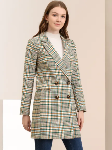 Allegra K- Notched Lapel Double Breasted Plaid Blazer