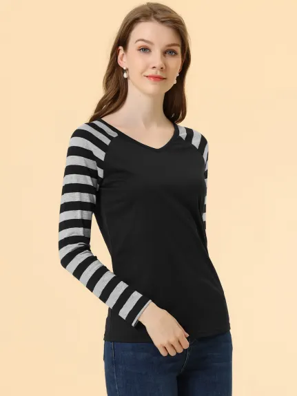 Allegra K- Stripe Raglan Long Sleeve V Neck T-Shirt