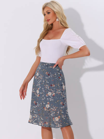 Allegra K- Floral Ruffle A-Line Split Midi Skirt