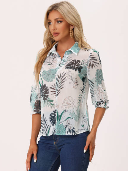 Allegra K- Collared 3/4 Sleeves Leaves Print Top