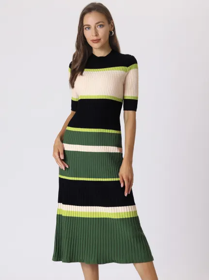 Hobemty- Short Sleeve Striped Knit A-Line Midi Dress