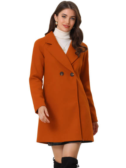 Allegra K- Double Breasted Lapel Raglan Sleeve Mid Length Overcoat