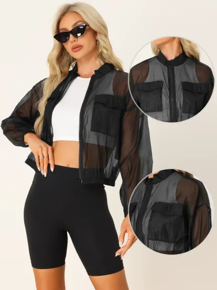 Allegra K- Sheer Zip Up Long Sleeve Jackets