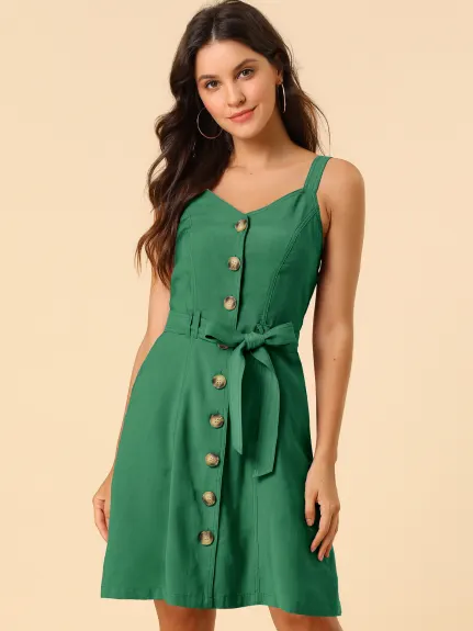 Allegra K- Belted Spaghetti Strap Button Dress