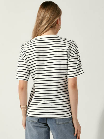 Allegra K - Striped Crewneck Short Sleeve Casual Top