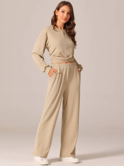 Allegra K - Long Sleeve Crop Tops Sweatsuit Sets