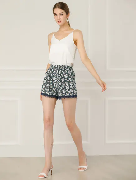 Allegra K - Elastic Waist Lace Trim Summer Floral Shorts