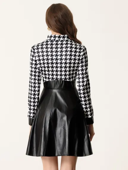 Allegra K - PU Houndstooth Patchwork Zipper Up Dress