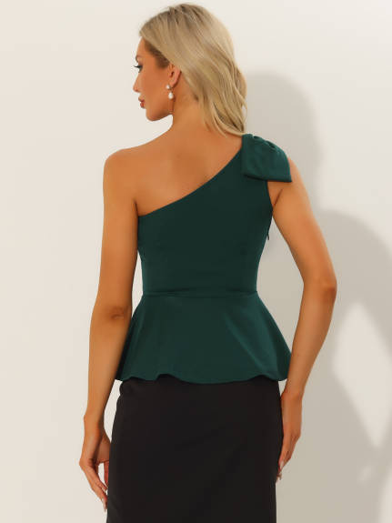 Allegra K- One Shoulder Bow Ruffled Peplum Top