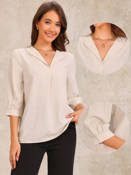 Allegra K - 3/4 Sleeve Ruched V Neck Blouse