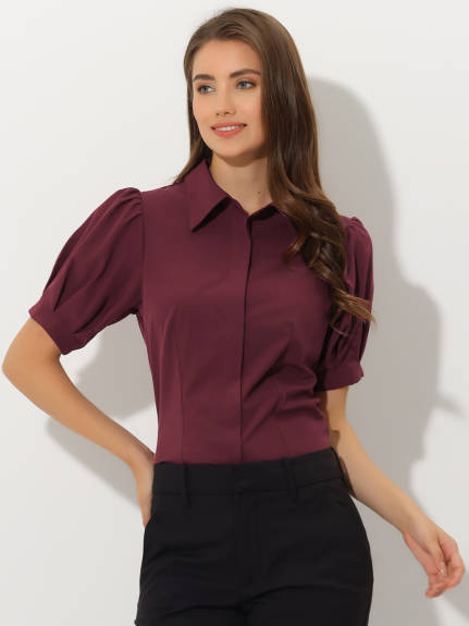 Allegra K- Puff Sleeve Collared Cotton Shirt